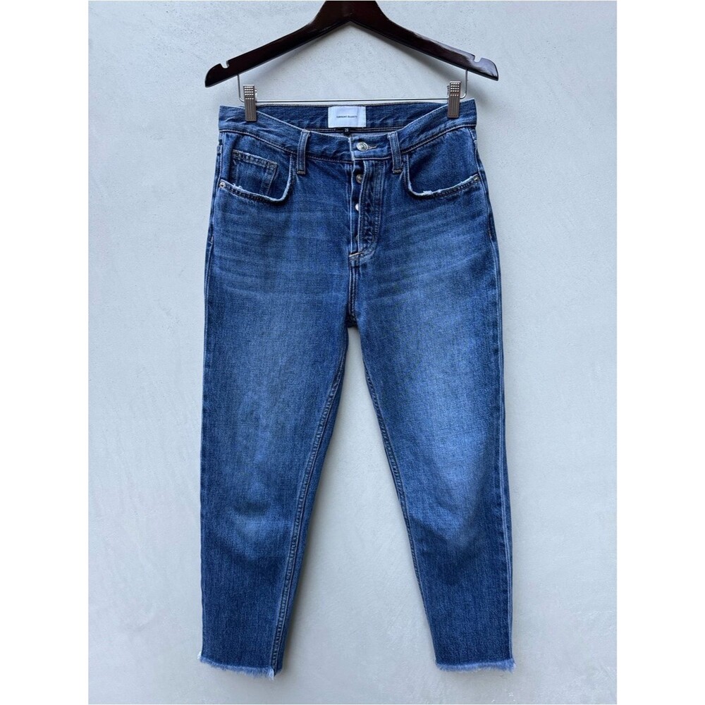 Current/Elliott Exposed Fly Vintage Cropped Slim Jeans 28 Blue Raw Hem